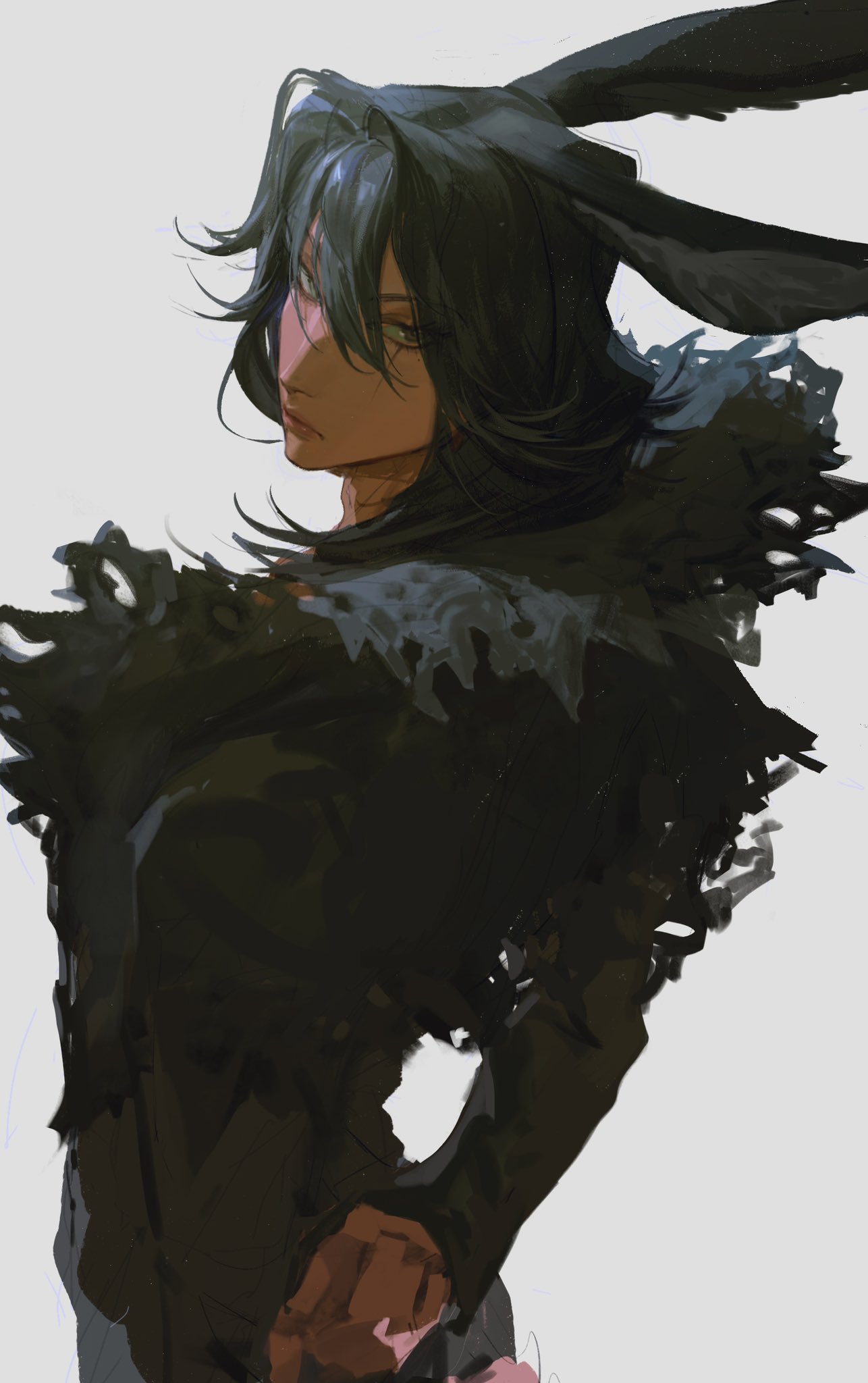 a digital illustration of an anime character with long black hair and black bunny ears. she's wearing a dark, ruffled coat with a high collar. she has a slightly serious expression on her face, and she's looking over her shoulder. the character is standing and her right arm is bent and her hand is at her hip.