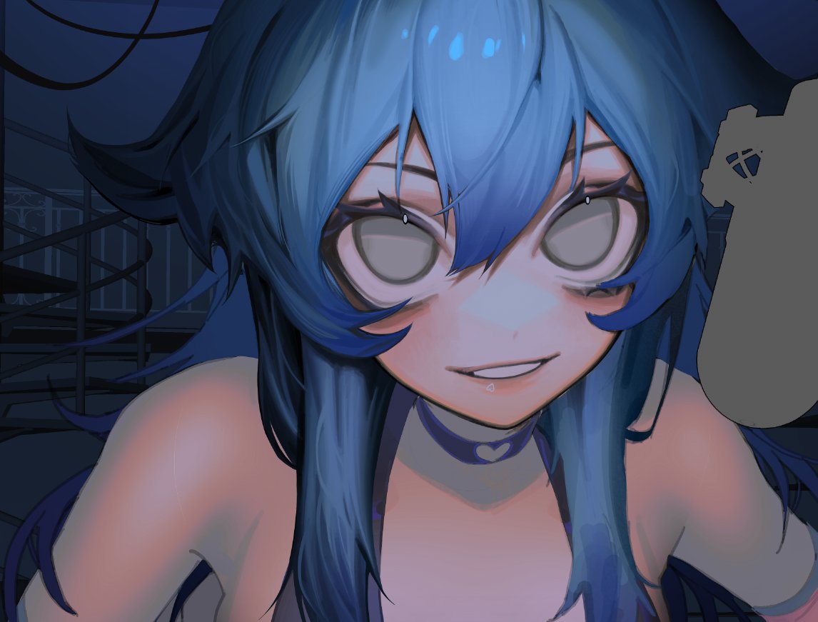 the image is a closeup digital drawing or painting of an animestyle girl. she has vibrant blue hair that frames her face. her eyes are large and white, giving a somewhat unnerving or blank expression.  a small, heartshaped necklace is visible around her neck. her expression is a subtle smirk, adding to a slightly unsettling or mischievous vibe. the background is dark and blurry, suggesting an indoor setting with some industrial or technological elements. the art style is stylized, with soft shading and a focus on the character's face and upper body.  a portion of a gray object is visible in the upper right corner, but the details are indistinct. the overall mood is a blend of mystery and intrigue.