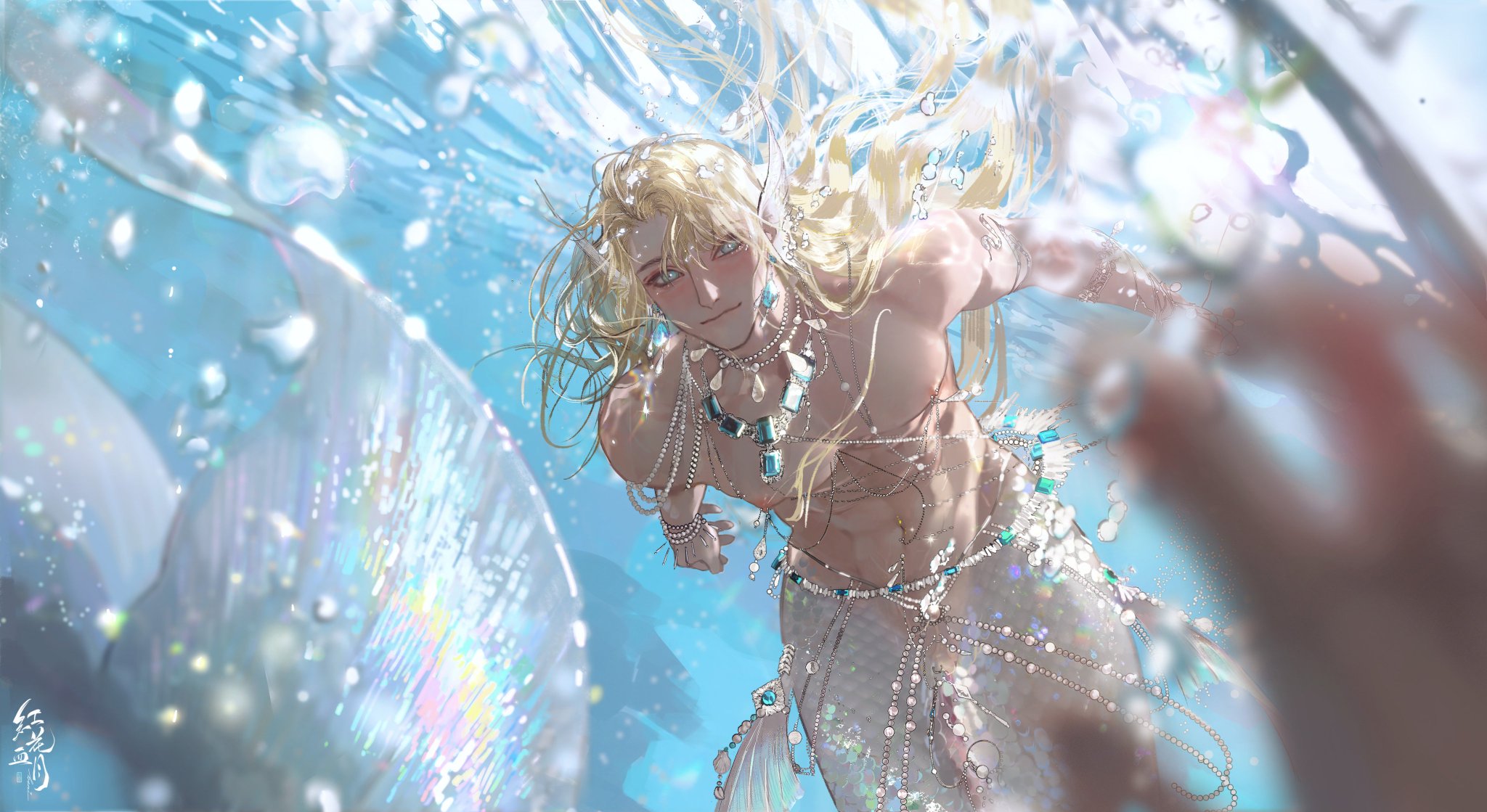 a beautiful anime merman with long blond hair swims underwater. he is adorned with pearl jewelry and has blue eyes.  the water is sparkling and full of light.