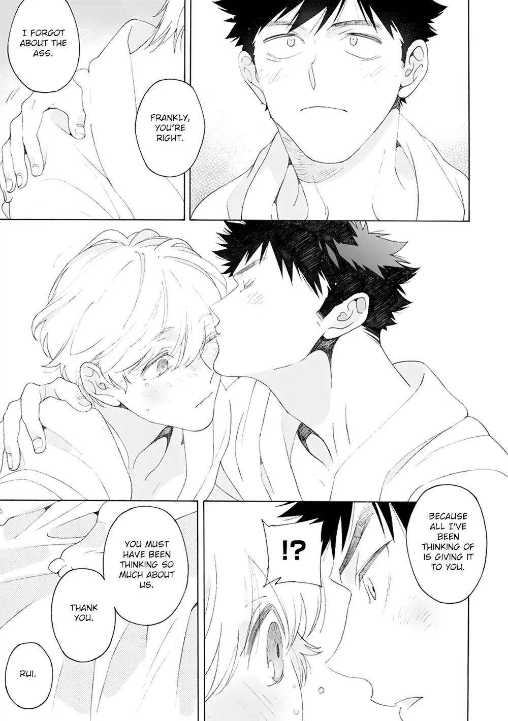 he image is a mangastyle illustration depicting a tender moment between two young men.  the artwork is in black and white, emphasizing the soft lines and gentle expressions. one man is kissing the other on the forehead, their bodies close together suggesting intimacy.  there are speech bubbles containing dialogue, indicating a conversation about their relationship and feelings. the overall style is romantic and conveys a sense of affection and connection between the two characters.