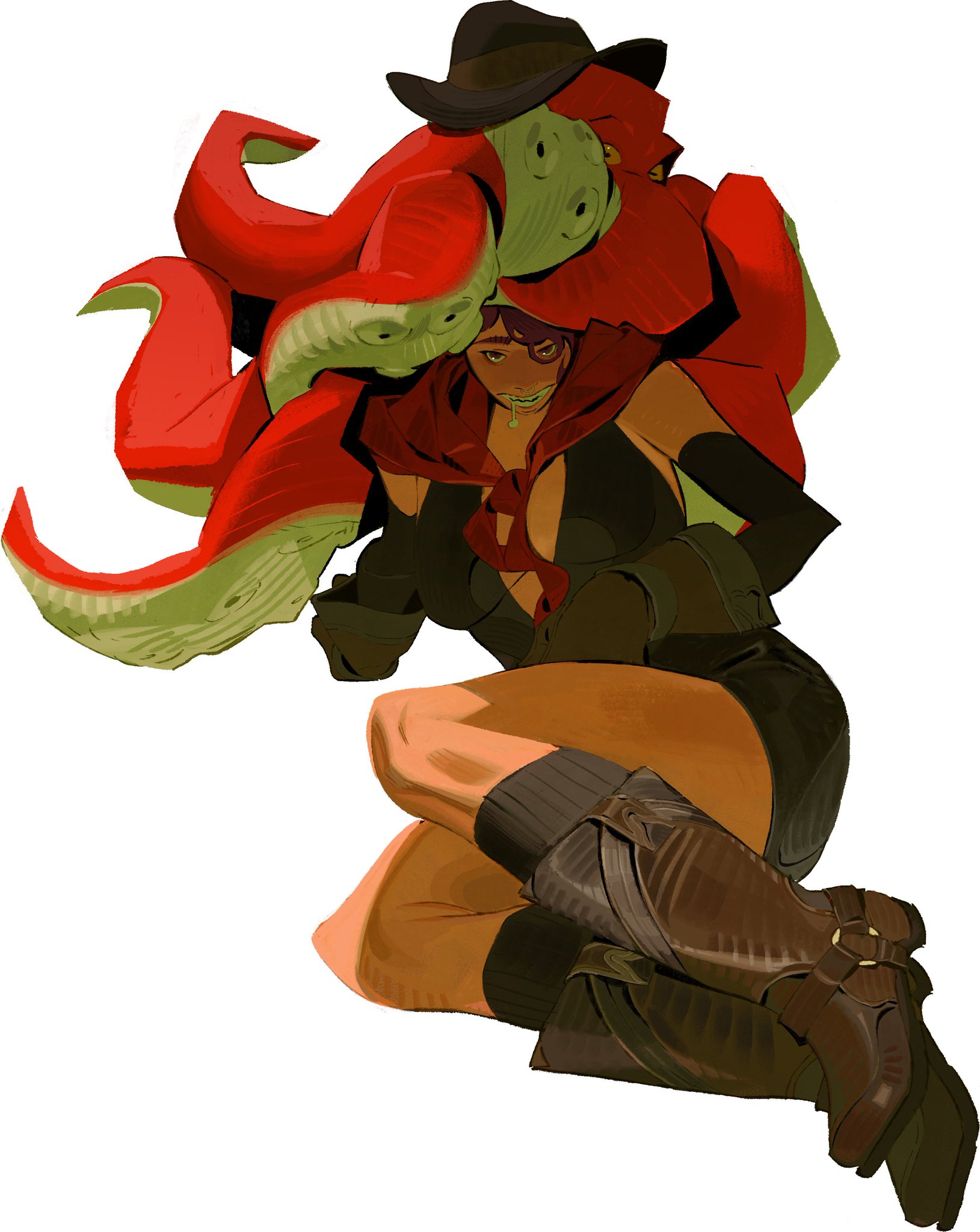 the image is a stylized digital painting or illustration of a female character. she is depicted in a dynamic, crouching pose,  wearing a dark outfit, cowboy hat, and brown boots. a large, vibrant red octopus with light green undertones is draped over her shoulders and head like a cloak or accessory.  the character has a serious, almost fierce facial expression. the art style is reminiscent of anime or manga, with bold lines and vibrant colors. the overall tone is dramatic and powerful.