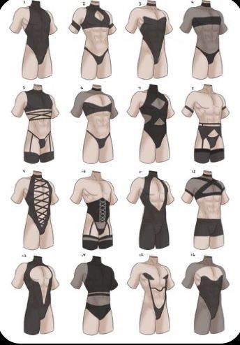 the image shows 16 different lingerie outfits, each with a unique style and design. all outfits are black and white and are drawn in a simple style.  the