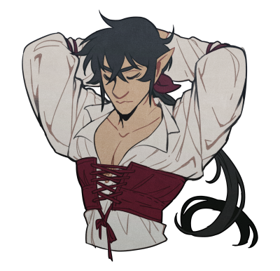 the image showcases a bust portrait of a male elf. he has dark hair styled in a low ponytail, accented with a red ribbon. his attire consists of an open white shirt, revealing a toned physique and a dark red corset. he exudes confidence, his eyes closed as if in a moment of relaxed contemplation. the art style leans towards a stylized realism.