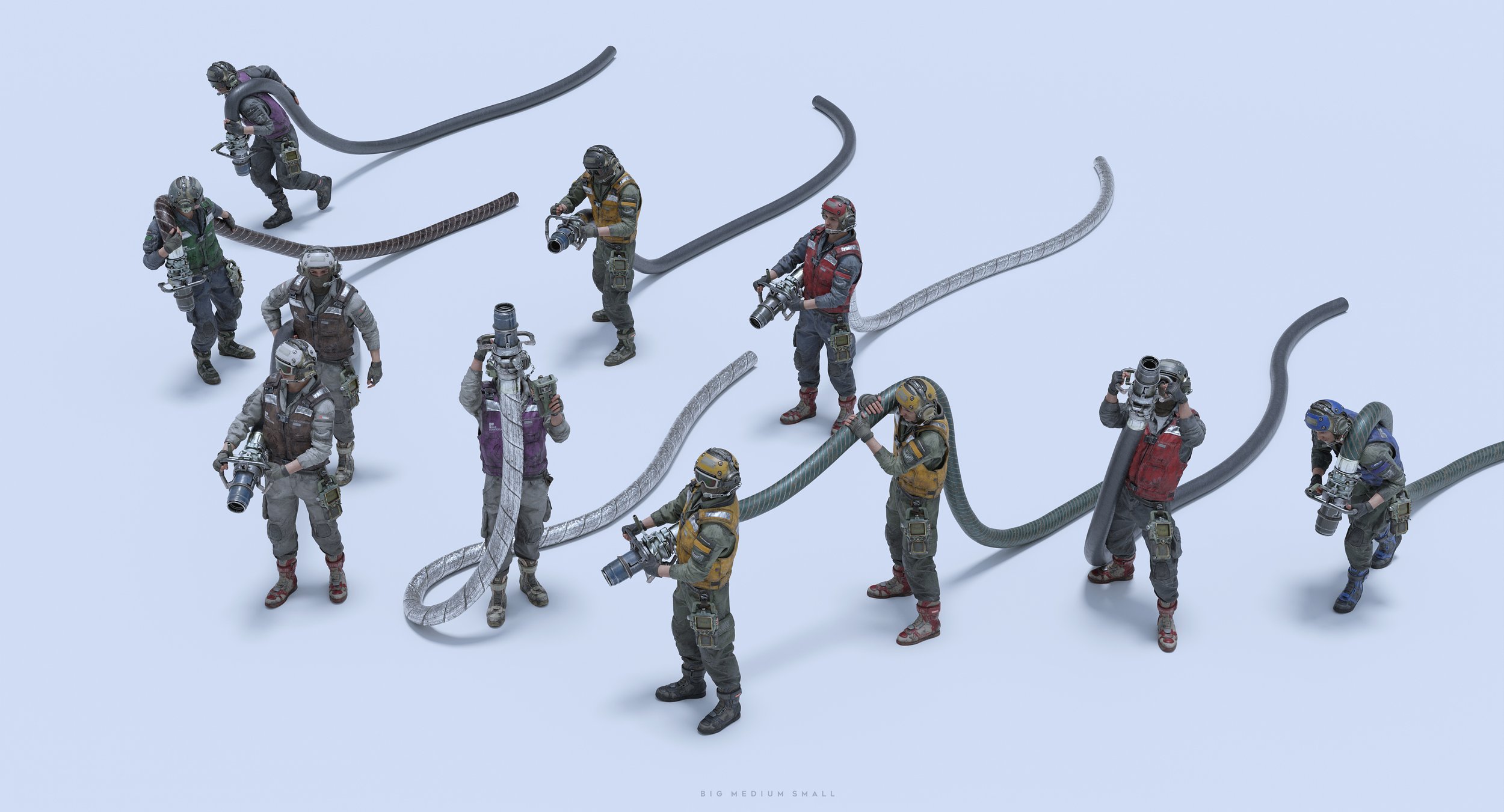 the image shows a meticulously crafted 3d rendering of miniature futuristic soldiers, positioned in a strategic formation.  they are equipped with various types of weaponry and appear to be connected by a network of large, industrial hoses or pipes. the overall aesthetic is gritty and industrial, with a color palette dominated by grays and muted tones. the scene suggests a military or combat scenario, possibly in a postapocalyptic or dystopian setting. the perspective and composition are carefully designed to highlight the details of the miniatures and the intricate arrangement of the hoses. the text "big medium small" at the bottom indicates a scale comparison of the elements in the scene.