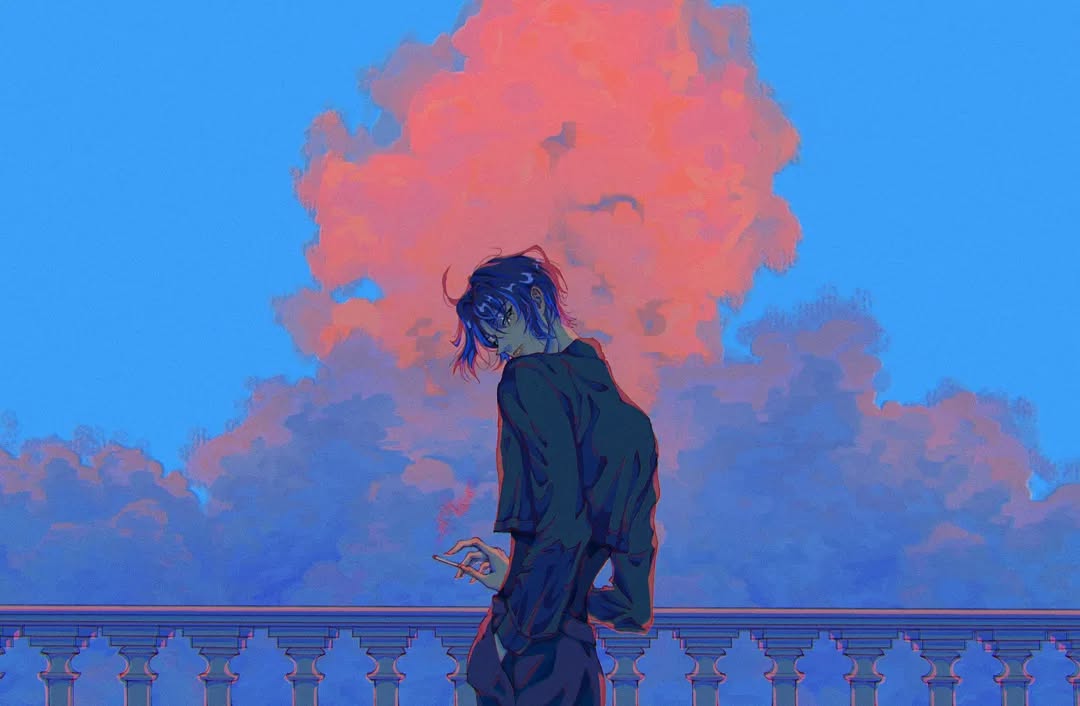 the image is a digital painting or illustration in a stylized anime style. it depicts a young man with blue hair, wearing dark clothing, standing on a balcony. he appears pensive or melancholic, possibly holding a cigarette and a smartphone. the background features a vibrant, colorful sky with large, dramatic clouds in shades of pink, orange, and blue, creating a moody and atmospheric setting suggestive of sunset or sunrise.  the overall aesthetic leans towards vaporwave or retro styles. the art style is smooth with a painterly texture.
