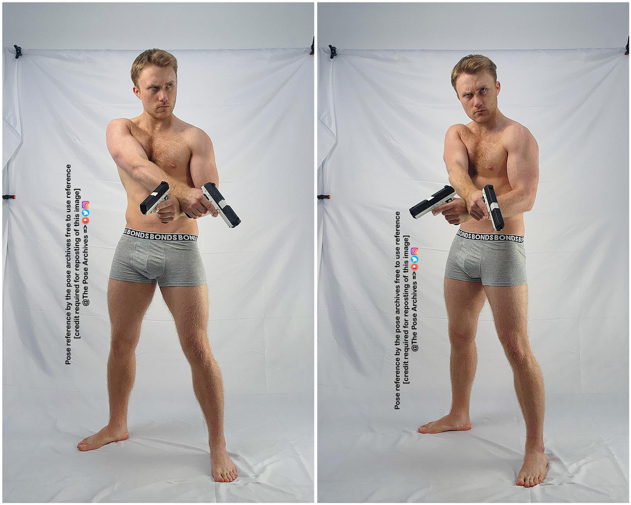 the image shows a man in his underwear holding two handguns. the photo is a sidebyside comparison, showing the man in two slightly different poses. he is standing in front of a white backdrop. the photo appears to be a pose reference for artists.