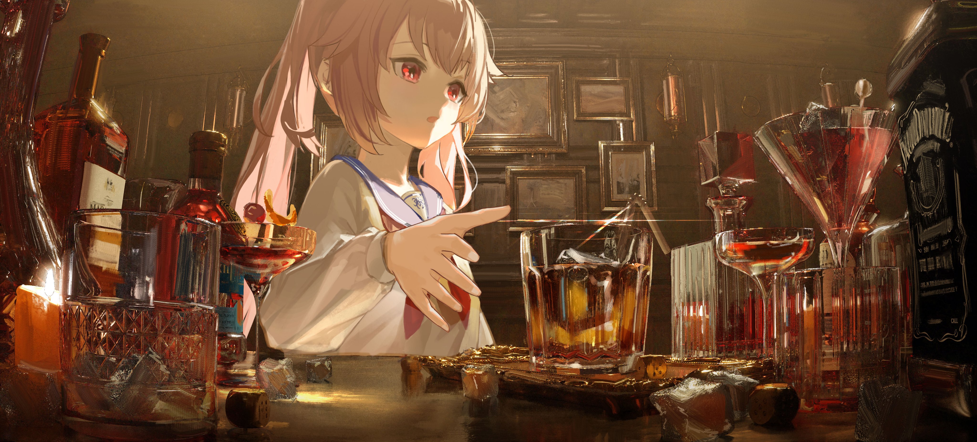 the image depicts an anime girl standing behind a bar counter. she reaches out towards a glass of whiskey on the rocks. the scene is bathed in warm, golden hour light, creating a cozy and inviting atmosphere. the bar is stocked with various bottles of alcohol, glasses, and a lit cigarette rests on the counter.