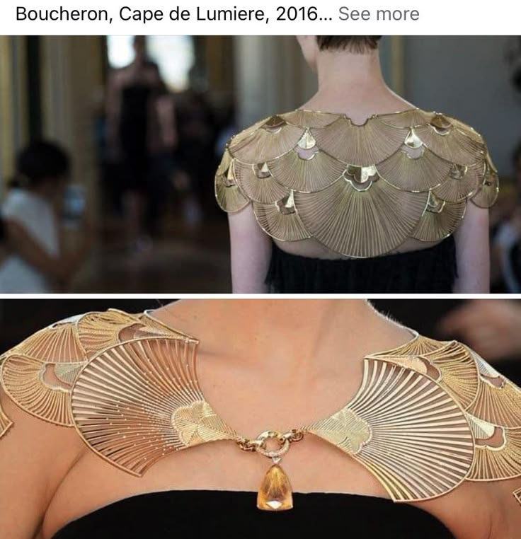 the image shows the boucheron "cape de lumiere" necklace from 2016. it's a statement piece made of gold, resembling a cape. the design features multiple fanshaped segments layered across the shoulders and back. the front portion of the necklace includes a larger fan design that converges with a pendant, featuring a large yellow gemstone (likely citrine). the overall impression is one of luxury and high fashion. the photograph is taken at what seems to be a fashion show, capturing the piece on a model wearing a black dress.