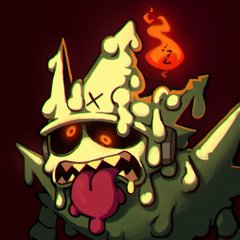 a cartoon drawing of a melting, gooey monster with glowing red eyes and a mischievous grin. a small flame burns above its head.