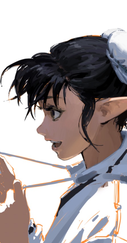 the image is a digital painting of an animestyle girl, possibly an elf, with pointed ears. she has dark hair in a ponytail and is wearing a light blue hoodie. her expression is serene and thoughtful, and she is holding the strings of her hoodie. the style is loose and expressive, with visible brushstrokes and a soft color palette. the background is plain white, making the girl the focal point of the artwork.