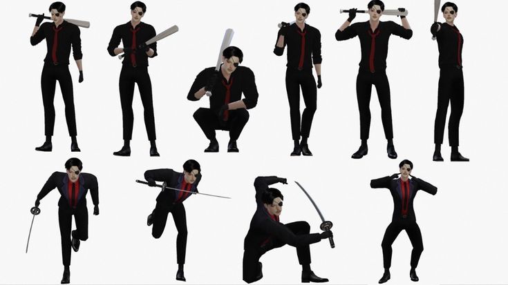 this image features a man in a black suit and red tie with an eyepatch in nine different poses. he is holding different weapons in different poses including a bat and a sword. these are poses from the video game the sims 4.
