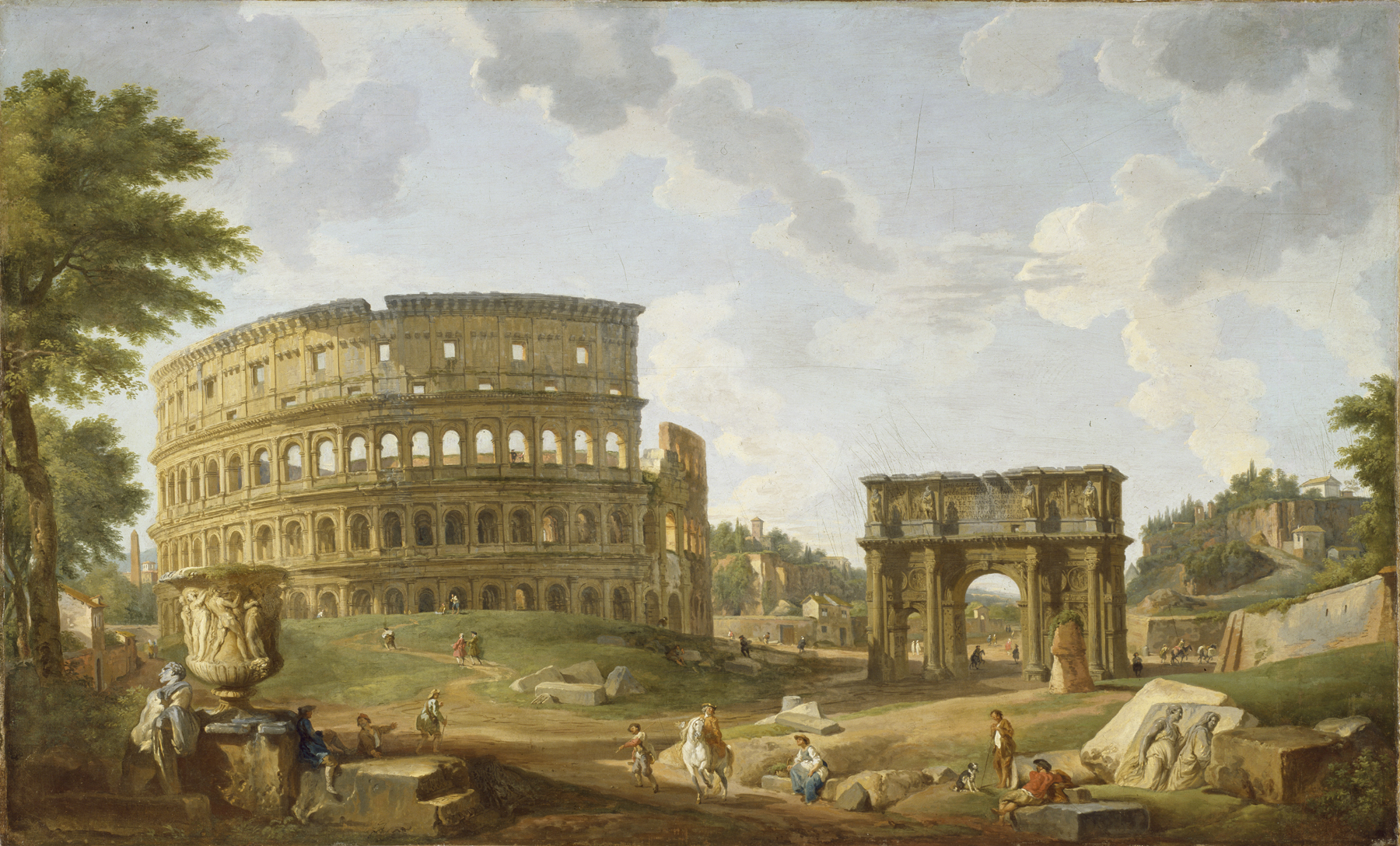 a landscape painting depicting the colosseum and an arch in rome, italy. several people are depicted throughout the landscape, including some on horseback. trees are on the left side of the painting and a cloudy sky above.