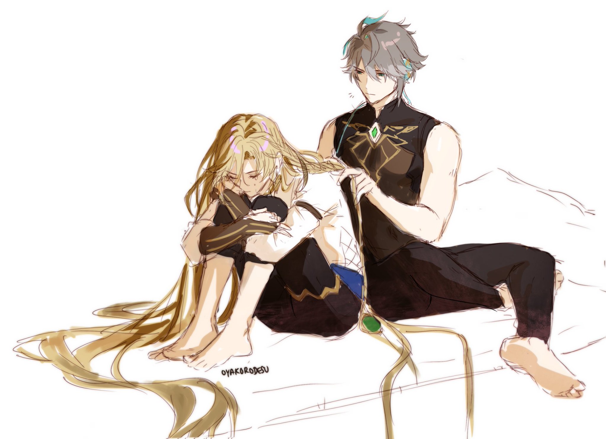 the image is a drawing of two anime characters. one of them is a blonde male character sitting on a bed with their head down, appearing sad. another male character with silver hair is sitting beside them, looking concerned and reaching out with a hand to the blonde character's hair. they are sitting on a white bed with white sheets. the blonde character is wearing a white shirt and black pants, with long flowing golden hair. the silverhaired character has short hair, wears a black sleeveless shirt with golden accents, and has a green gem on their neck. there's a blue string tied around the silverhaired character's wrist. the drawing has a soft and gentle tone, conveying a sense of comfort and affection.