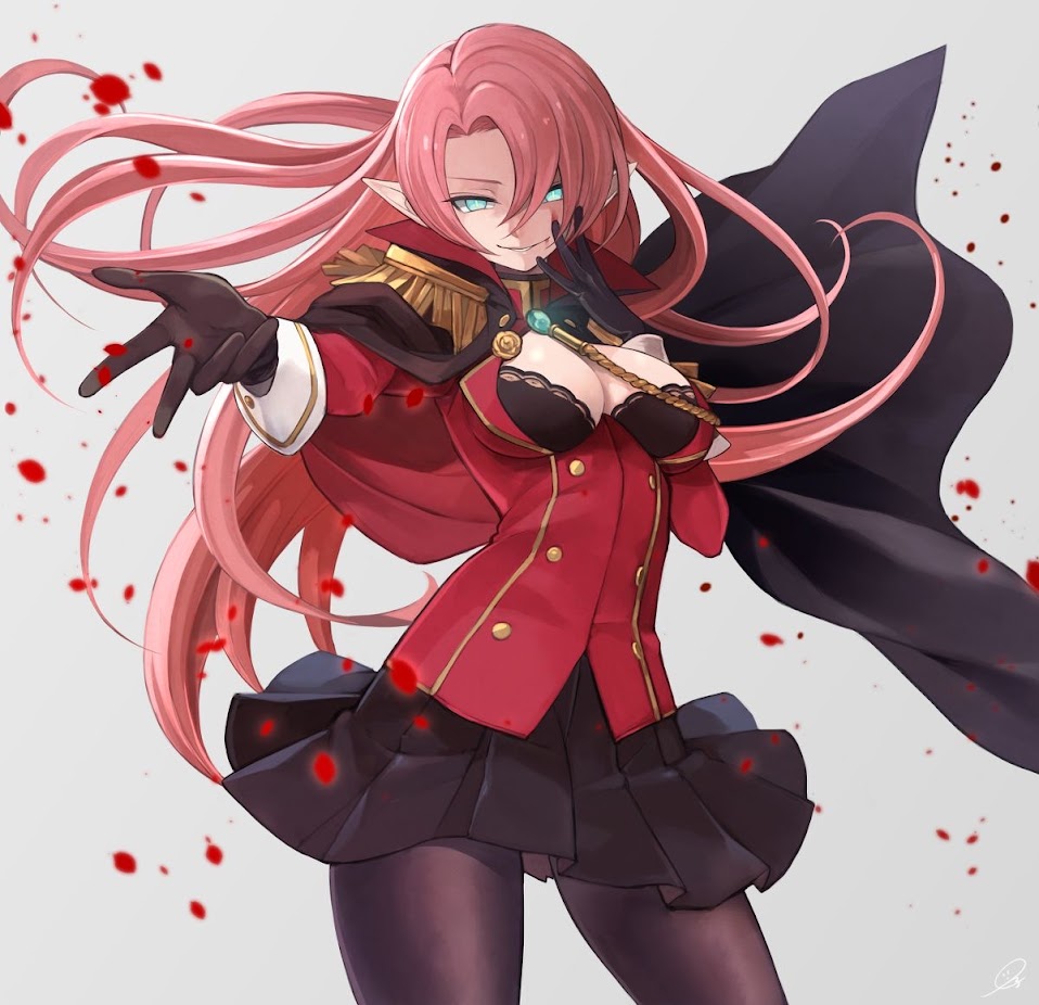 this is a digital illustration of an anime girl with long pink hair. she's wearing a red and black military uniform and black stockings.  she's smiling and looking at the viewer.  the background is white with red petals.