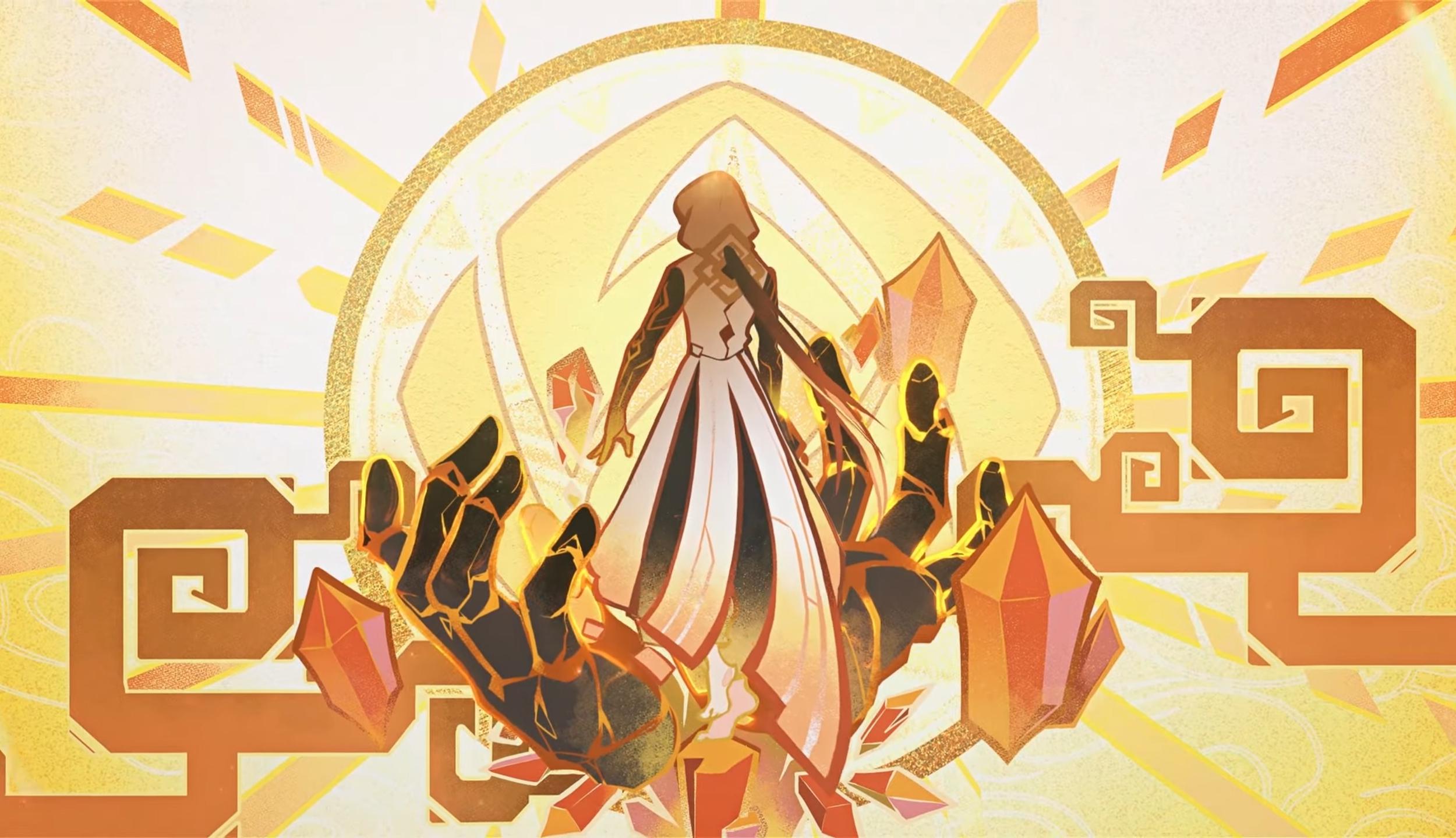 this digital illustration shows a fantasy scene of a female character wearing a white robe standing with their back turned, surrounded by abstract geometric shapes and large hands. the background features warm, glowing colors of yellow, orange, and red, and the character's robe is flowing in the light. the image is reminiscent of a fantasy world or spiritual setting.