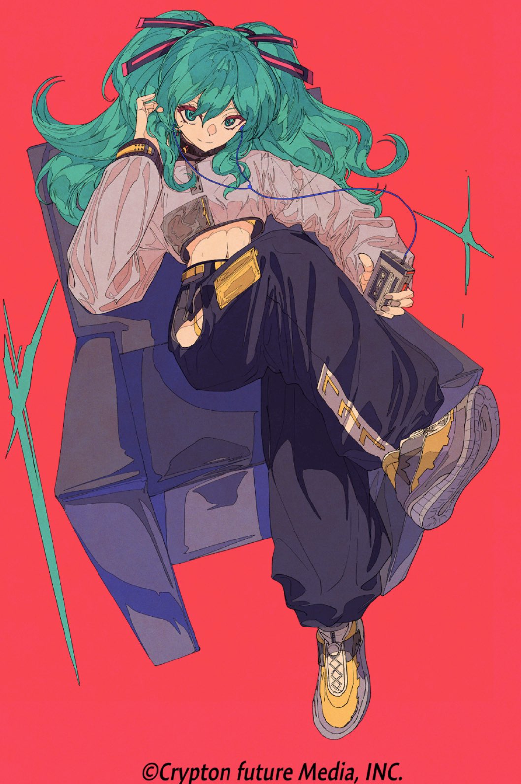 the image is a stylized digital illustration featuring hatsune miku, a popular virtual singer.  she's depicted in a modern, 90sinspired streetwear outfit, sporting a teal crop top, baggy dark pants with graphic detailing, and chunky sneakers.  she's sitting casually on what appears to be a large speaker or sound system,  wearing headphones and holding a cassette player. her long, vibrant teal hair is styled in twintails with black bows. the background is a solid, bold red, contrasting sharply with the character's outfit and hair.  the overall style is vibrant and graphic, with bold lines and color choices. the image has a dynamic feel and a clear pop art influence. the copyright notice indicates it's official fanart from crypton future media, inc., miku's creators.