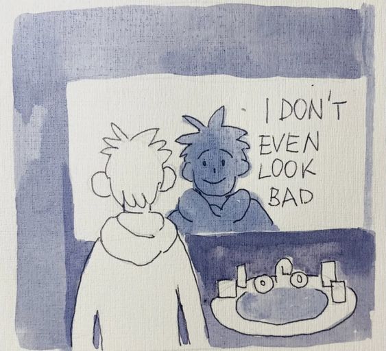 a simple drawing of a person looking in the bathroom mirror. the reflection is smiling and thinking “i don’t even look bad” while the person's face is not visible and their posture slumped.