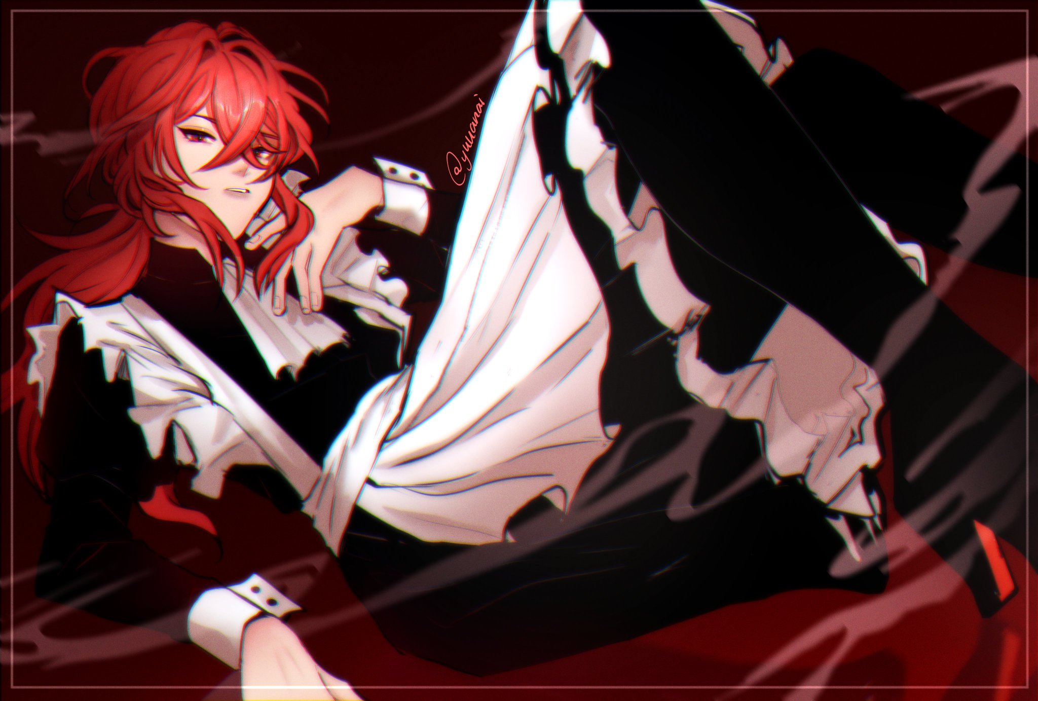 a digital illustration of an anime character with long red hair, wearing a maid outfit with a black dress and a white apron. the character is lying down with their legs crossed, and looking at the viewer. the character has red eyes. the background is red and the character is drawn in a very detailed and stylized manner.