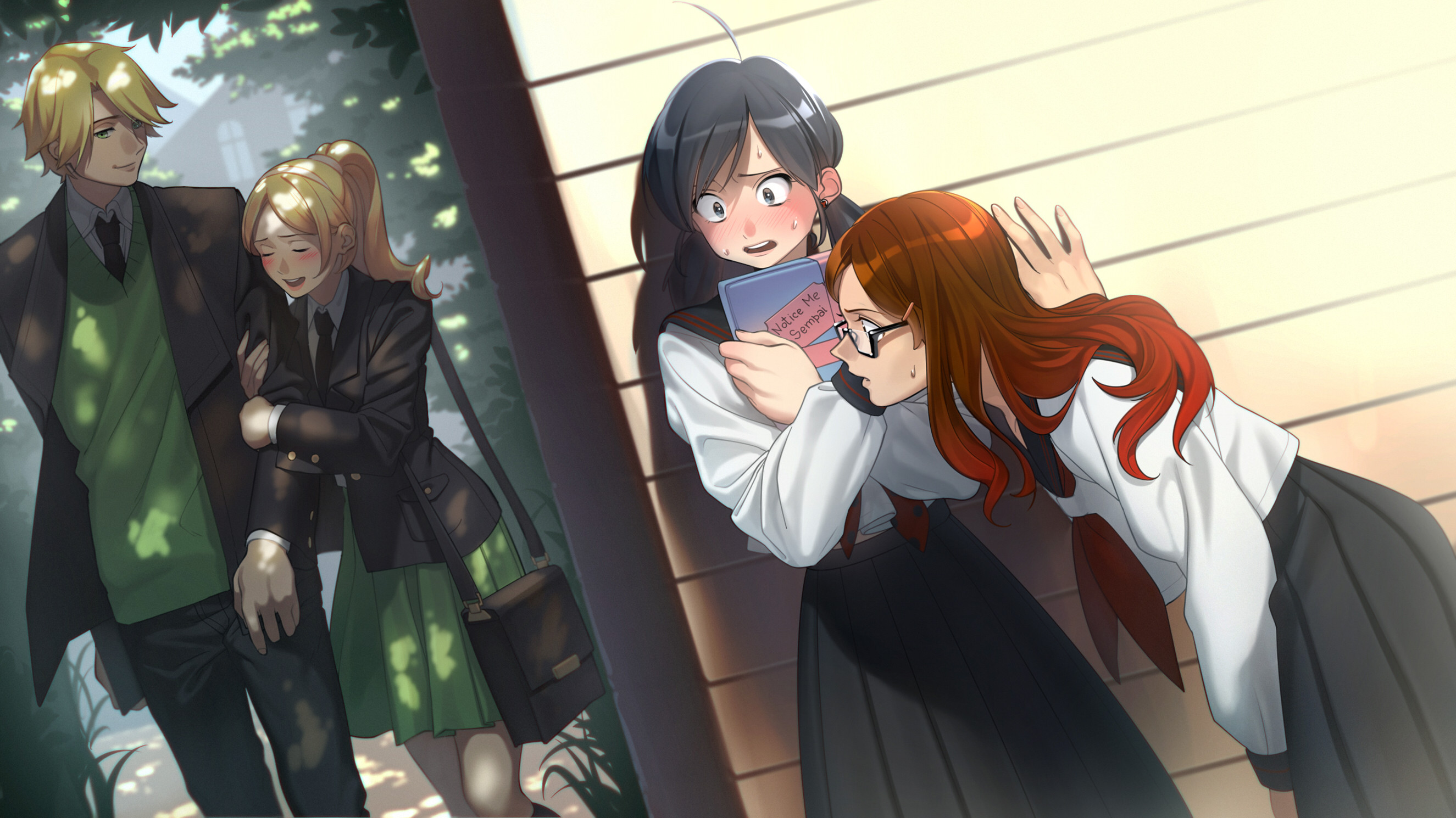 the image shows a sliceoflife scene from a high school romance. in the foreground, two girls in school uniforms are peeking around a corner. the girl with reddish hair and glasses looks surprised and embarrassed, while the girl with short black hair blushes intensely and clutches a book titled "my first love."  in the background, a blonde girl and a blond boy, both in slightly different school uniforms, walk arminarm, oblivious to the observers. the setting is a school hallway, with lush greenery visible through a large window behind the couple. the lighting is soft and natural, suggesting a bright but overcast day.