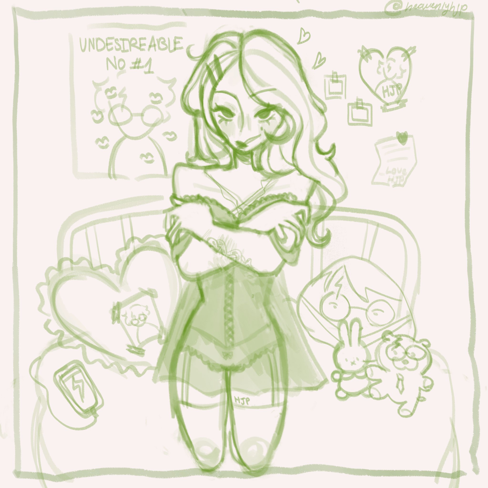 a digital drawing of an anime girl in a corset and lingerie, standing in a bedroom with her arms crossed. there are hearts floating above her head and a love letter by a bedside table.  there is also a pillow with a small character on it and another character sitting on the bed with a phone and a cat.