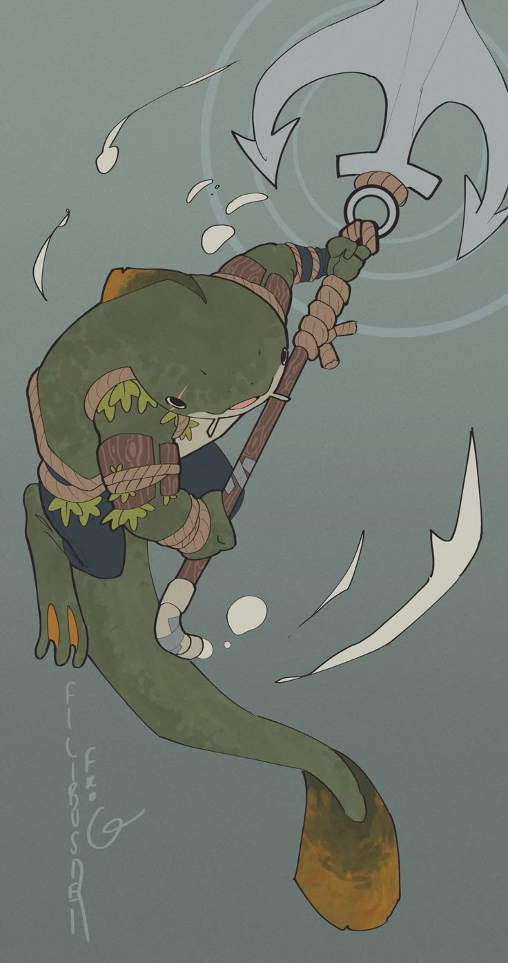 the image depicts a froglike amphibian warrior holding a spear with a nautical anchor design at the top. it has eellike features such as the tail. the warrior is clad in ropes and appears to be a swamp creature.