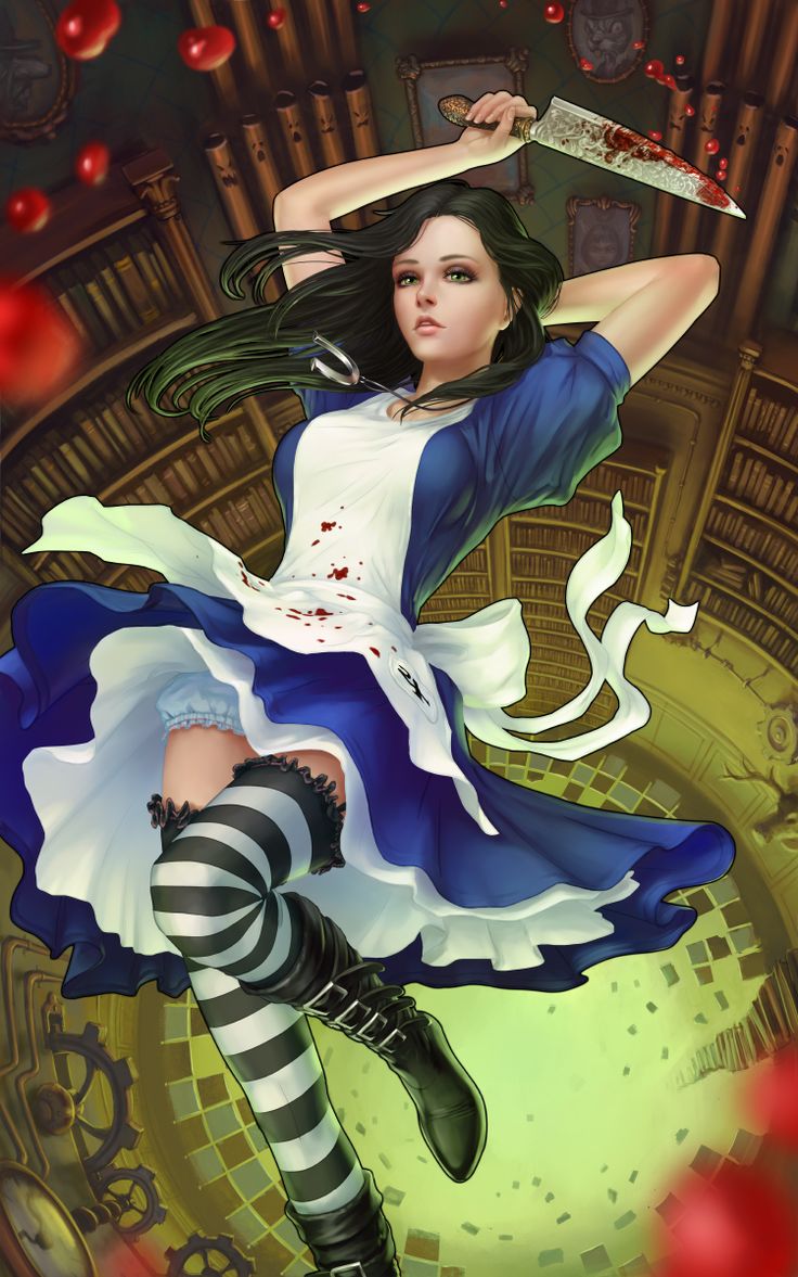 he image is a digital painting or illustration of a dark and gothic interpretation of alice from alice in wonderland. she is depicted as a young woman with long black hair, wearing a blue and white dress with a white apron splattered with blood. she holds a bloody knife and is poised in a dynamic pose.  she's wearing striped stockings and boots. the background is a dimly lit library with bookshelves and a circular, seemingly mechanical, floor. red apples are scattered throughout the scene, adding to the dark and slightly unsettling atmosphere. the overall style is fantasy and blends victorian and steampunk elements.