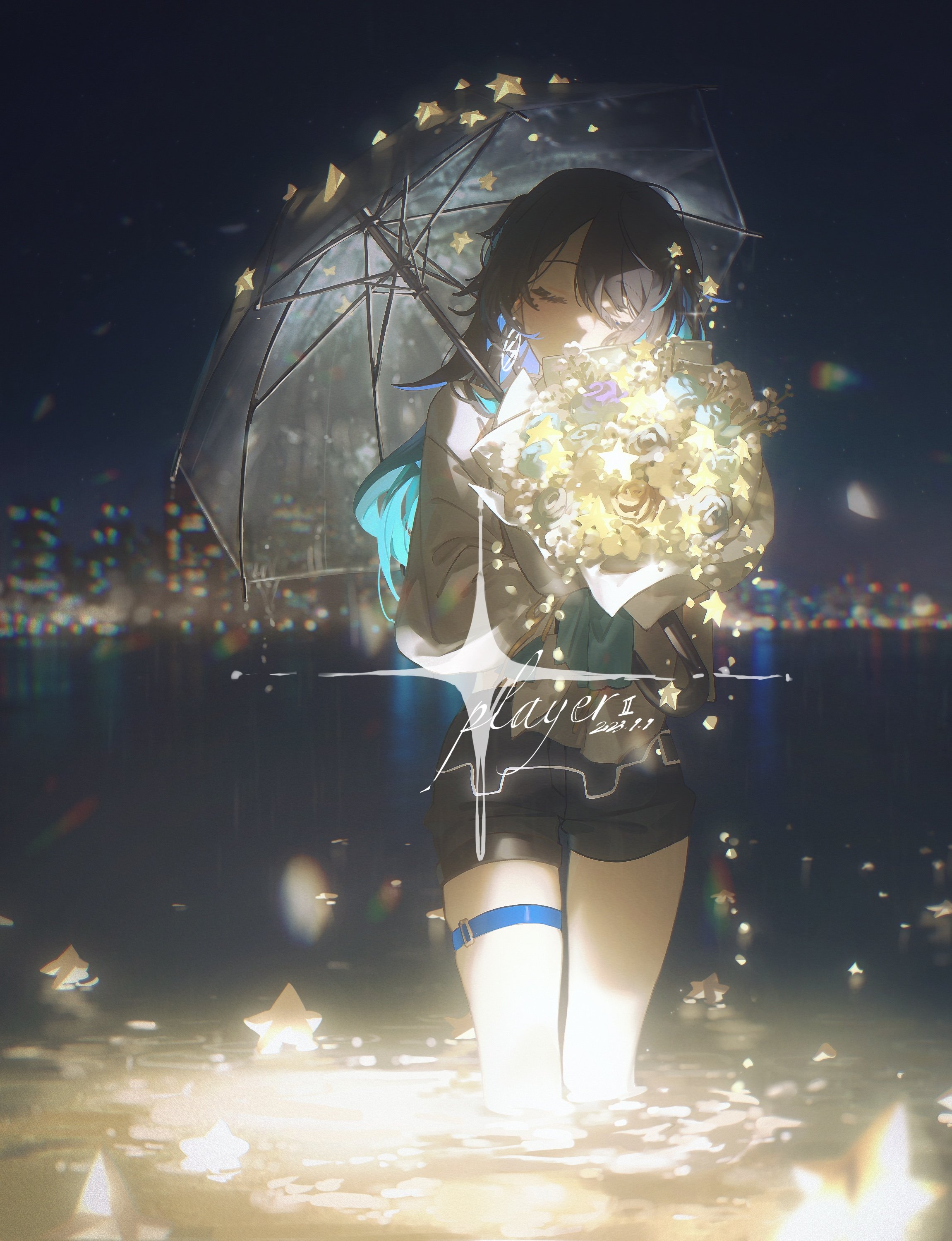an anime girl stands in a shallow body of water at night. she holds a bouquet of stars. her face is partially obscured. she has a black hair with blue streak. she's holding a clear umbrella decorated with golden stars. the background shows blurred city lights, and it appears to be raining with starshaped raindrops. the water also reflects the starlight. she's wearing a short suit and a blue garter on her thigh. the words "layer" and some smaller, less legible text are written near her waist.