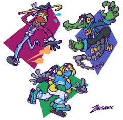 the image shows three stylized cartoon characters in dynamic action poses, seemingly in the middle of a race or competition. all characters are wearing roller skates. the first character, a bird with a red head and long legs, wears a white and red outfit and holds a cane in one hand. the second character, a green crocodile with a mohawk, wears a blue jacket and goggles. the third character is a human with blonde hair, wearing a blue and yellow outfit. the characters are set against a white background with colorful abstract shapes behind them.