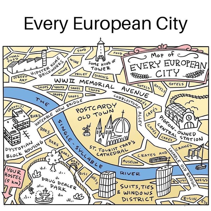 a humorous, handdrawn map titled "every european city" depicting common features of european cities such as ethnic food districts, hipster brickworks, wwii memorials, postcardworthy old towns, tourist trap cathedrals, suits and ties districts, drug dealer parks, dystopian housing, and pigeonowned central stations. it is an exaggerated and satirical representation.
