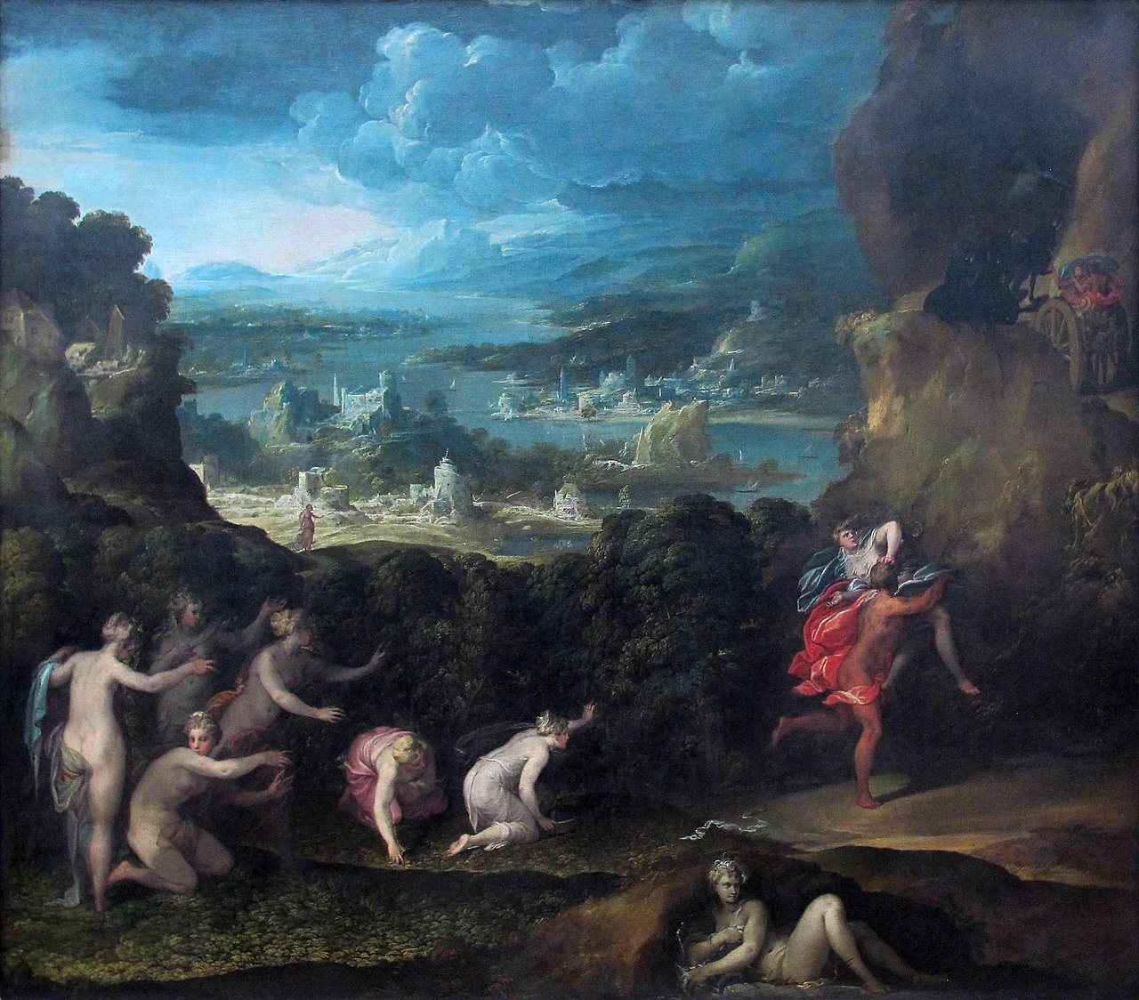 the painting depicts a mythological scene in a landscape setting. several nude female figures are in the foreground, some reaching out as if in distress. to the right, a man carries a woman away, presumably an abduction. in the background is a cityscape with various buildings, islands, and bodies of water under a cloudy sky. a chariot is also visible on a higher cliff to the right.