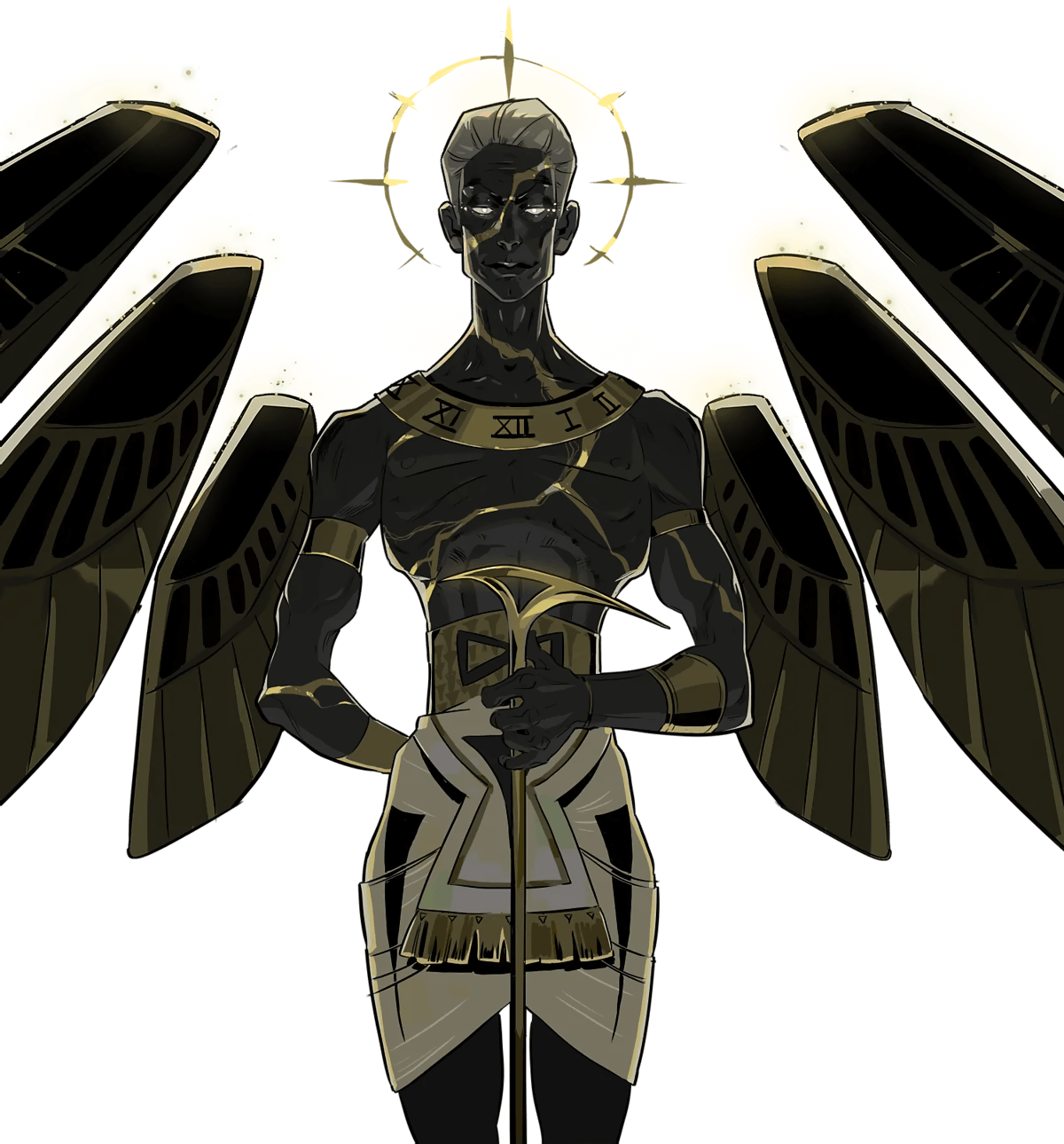 a powerful, ancientlooking male angel with golden wings and black skin. he stands with a staff in his hand, and has a look of authority and power. he wears gold jewelry and has a white and gold robe. his wings are large and elaborate, with intricate details.  the entire figure is depicted in a highly stylized manner that evokes both classical and modern art styles.
