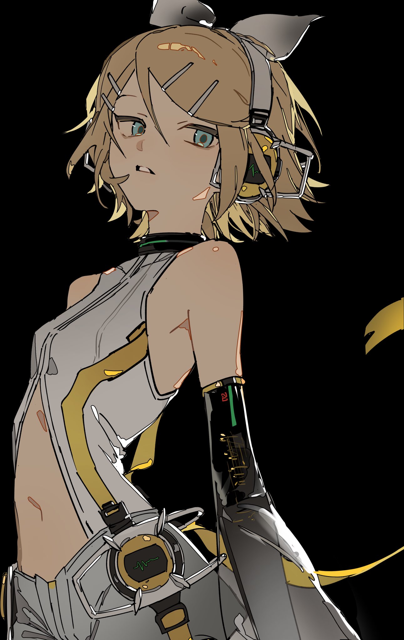 the image features an animestyle illustration of kagamine rin, a vocaloid character. she has short, blonde hair styled with a ribbon and turquoise eyes. she wears headphones and a white and gold outfit with technological details, including an arm sleeve. the background is black.