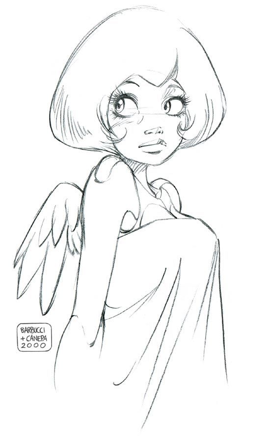 a black and white line drawing of a female angel with wings, a long flowing dress, and a cute and innocent facial expression. she is looking to the right of the frame, with her hair in a short bob style. this is a cartoon drawing in the style of anime or manga, and is reminiscent of a comic book character. the art style is simple but effective, and uses line art to create a sense of depth and realism.