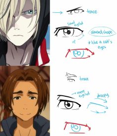 the image is a drawing tutorial that compares and contrasts the eye shapes of two different anime characters. the top character has almondshaped eyes that are similar to a cat's, while the bottom character has more droopy eyes. the tutorial provides stepbystep instructions on how to draw both types of eyes.