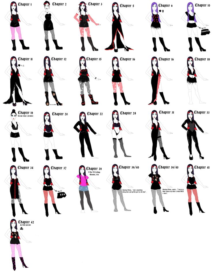 the image features a collection of cartoonstyle character designs, each labeled with a "chapter" number. these designs showcase various outfits with a consistent black and red color scheme, including dresses, tops, shorts, and boots, displayed in a manga or digital art style.