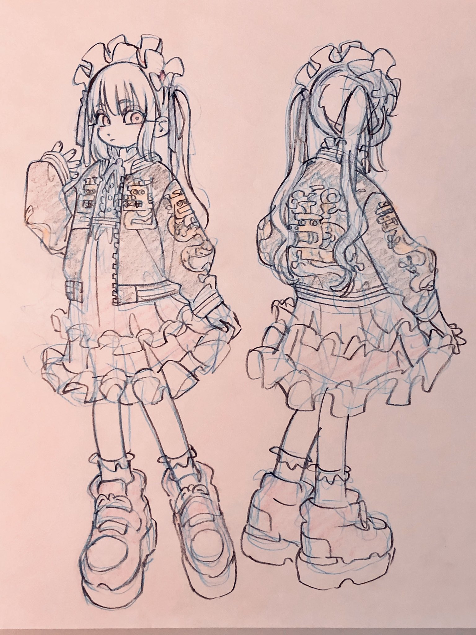 the image is a pencil sketch of a girl, possibly a fashion design, wearing a stylish streetwearinspired outfit with lolita elements. she has large, expressive eyes and long pigtails tied with bows. her outfit consists of a bomber jacket adorned with patches and embroidery, a ruffled skirt, and chunky platform shoes. the sketch showcases both the front and back views of the character.