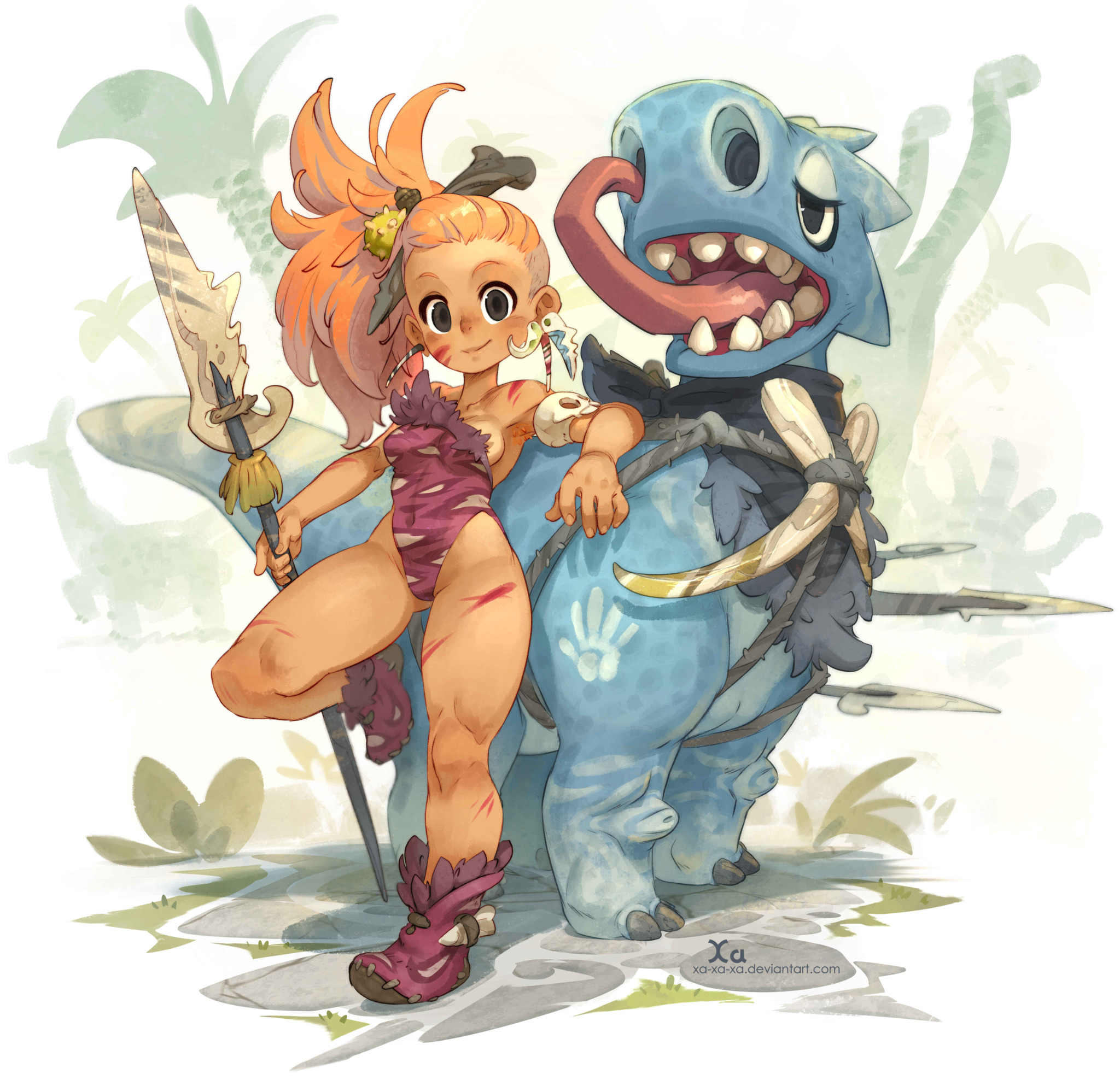 a cartoon girl with red hair and a blue monster stand side by side. the girl is holding a spear. they are both smiling. the scene is set in a jungle.