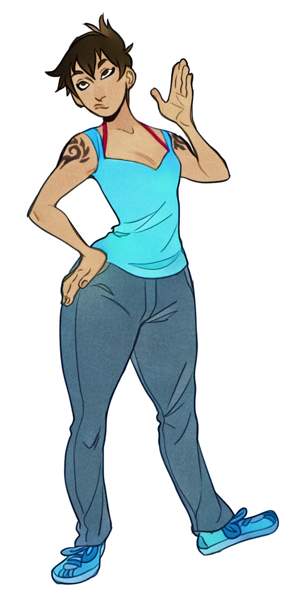a cartoon drawing of a woman with short brown hair and a tribal tattoo on her left shoulder. she's wearing a turquoise tank top, loosefitting jeans, and blue sneakers. she stands with her left hand on her hip and her right hand raised in a wave.  the style is cartoonlike with simple shading and a flat, white background.