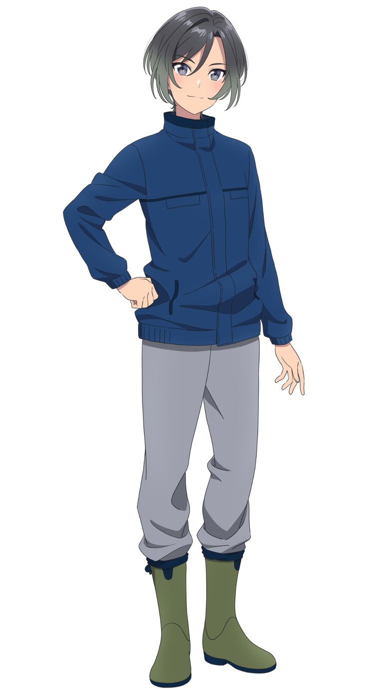a male anime character with short green hair is standing with his hands on his hips wearing a blue jacket, gray pants and green boots.