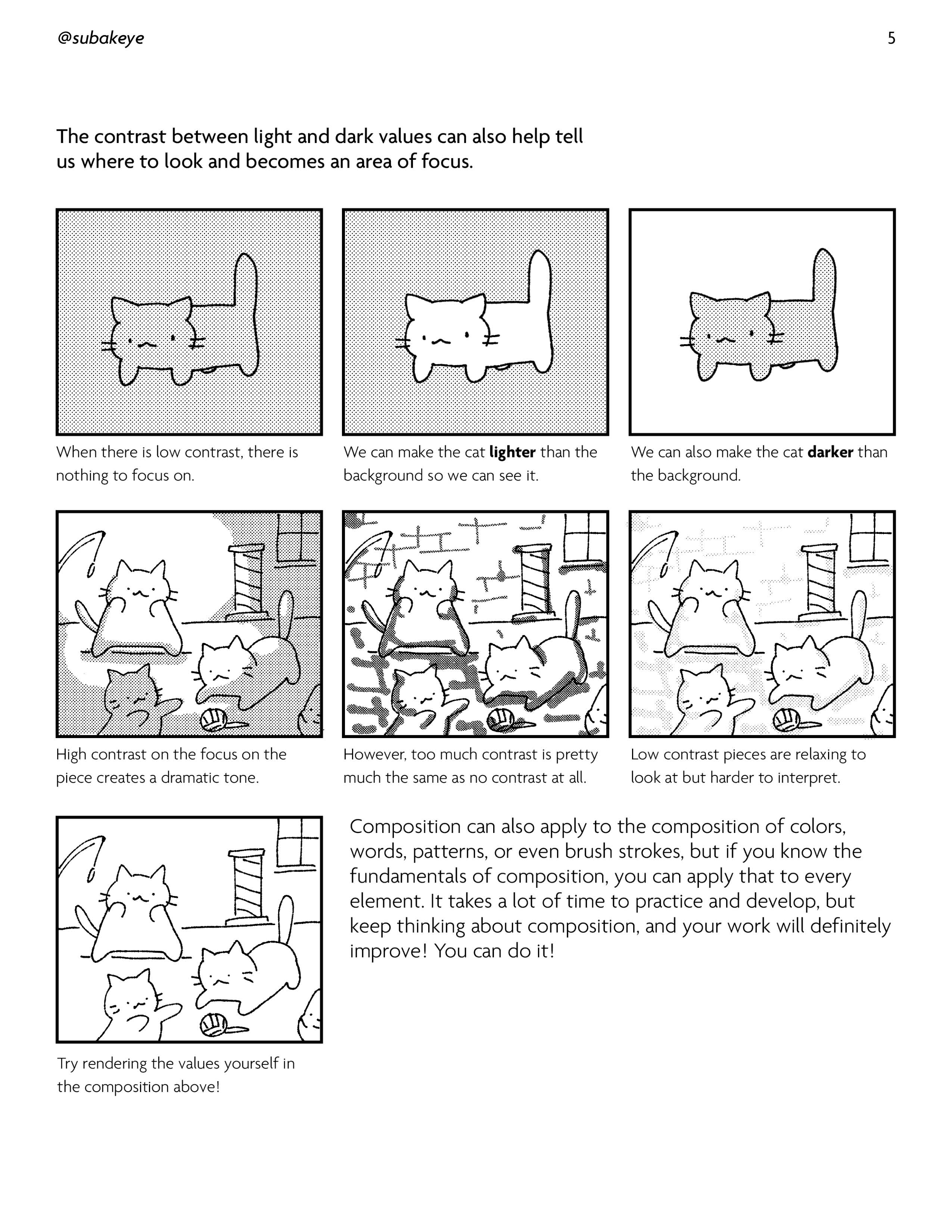 a guide for beginner artists on how to use contrast in their work. it uses the example of a cat in different value ranges to illustrate the concept. content: drawing, cat, guide, tutorial people: artist environment: lighting: high contrast, low contrast perspective: kw: contrast, values, composition, focus, dramatic, relaxing
