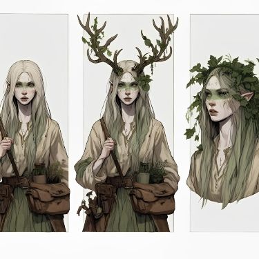 the image shows three variations of the same elf woman. she has pale skin, white hair, and green eyes. she is wearing a longsleeved shirt, a leather belt with various pouches and tools, and a long skirt. she is carrying a bag over her shoulder and a bottle is tucked into her belt. in one variation, she has large antlers, and in another, she has a crown of leaves. all variations feature plants tucked into her hair and clothing.