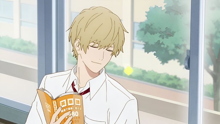 an anime boy with blonde hair is sitting by the window and reading a book. the overall color palette gives a warm and peaceful feeling. the background is blurred, suggesting that he is focusing on his book.