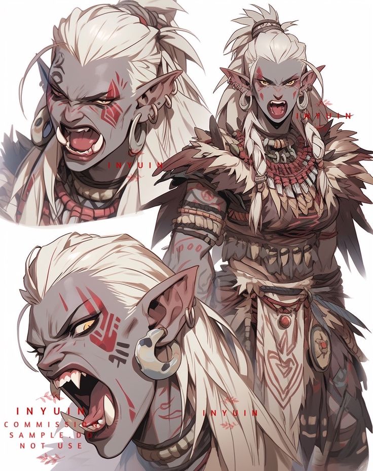 this is a digital painting of a female orc character. she has long white hair and green eyes. her face is painted with red and white markings. she is wearing a leather and fur outfit with a variety of jewelry. she is holding a staff in her left hand and has a dagger in her right hand. her expression is fierce and angry. she is in a battle ready pose.
