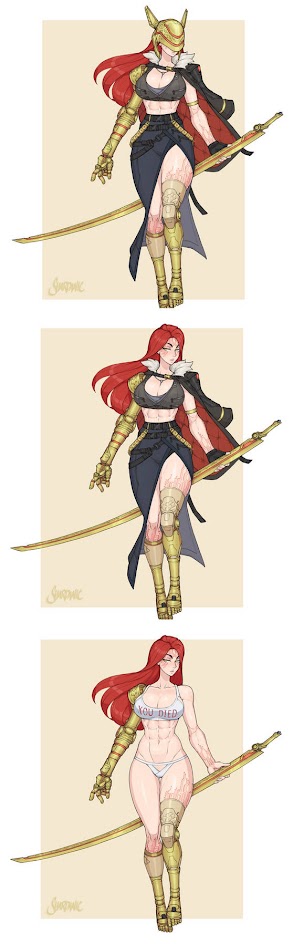 the image is a digital illustration of a woman with red hair. she is a warrior with metallic arms, wearing a white top and black pants. she is holding a large sword and looks strong, powerful, and elegant. there are three versions of her depicted in the image, from fully clothed to in her underwear. the background is a simple gradient of light brown. the overall feel of the image is futuristic and fantasy.