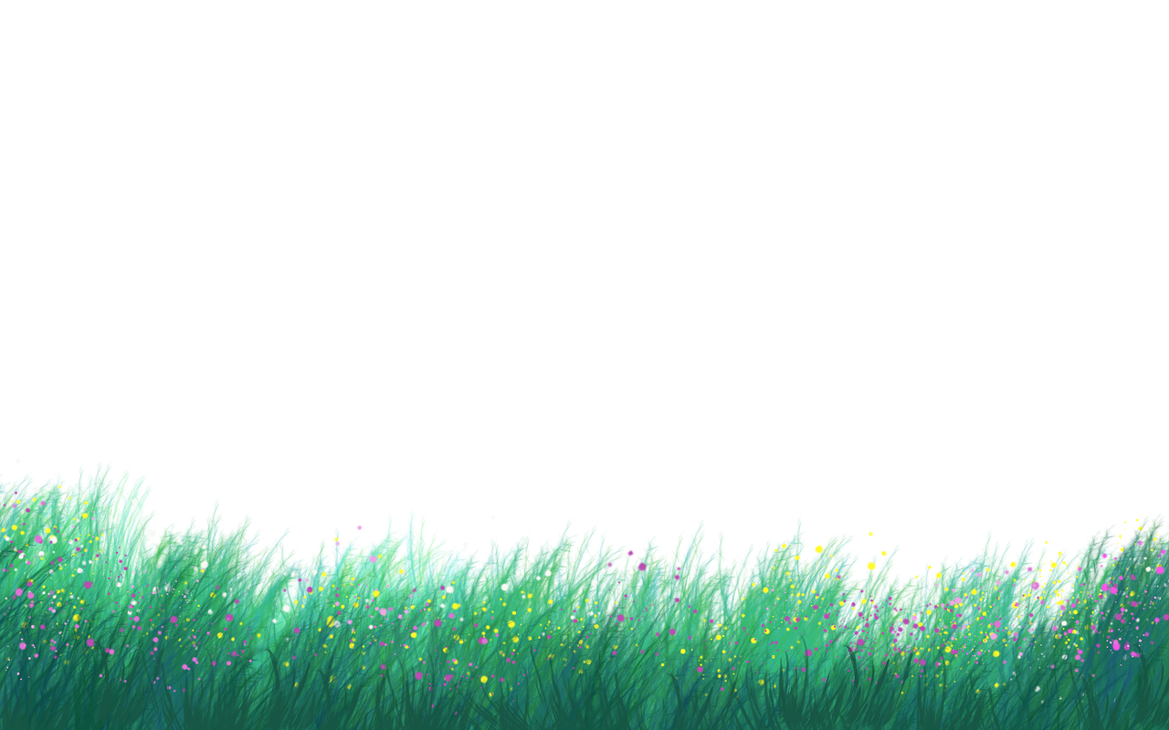 the image shows a patch of green grass with scattered pink, yellow, and white flowers against a black background. the grass is depicted with many individual blades, giving a textured look. the overall impression is of a colorful meadow in the dark.