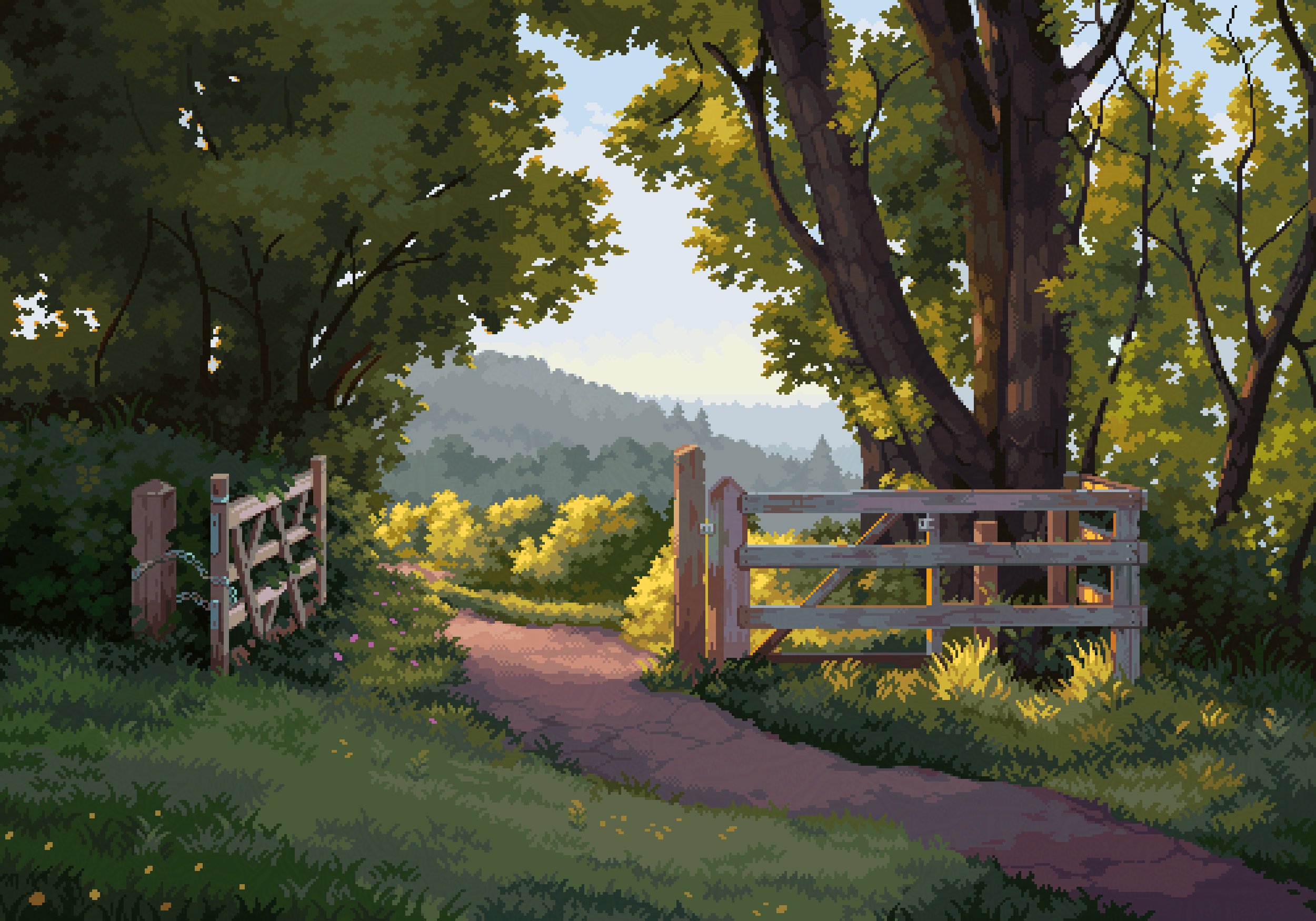 a digital painting in pixel art style depicts a tranquil countryside scene. a dirt path winds through lush greenery and leads towards a distant line of hills covered in a forest. two wooden gates, one on each side of the path, stand partly open.  large trees with thick trunks and full foliage provide shade, with sunlight illuminating parts of the scene. the overall atmosphere is peaceful and serene. the style is reminiscent of classic video game graphics, with a focus on detailed, yet blocky representation of the landscape.