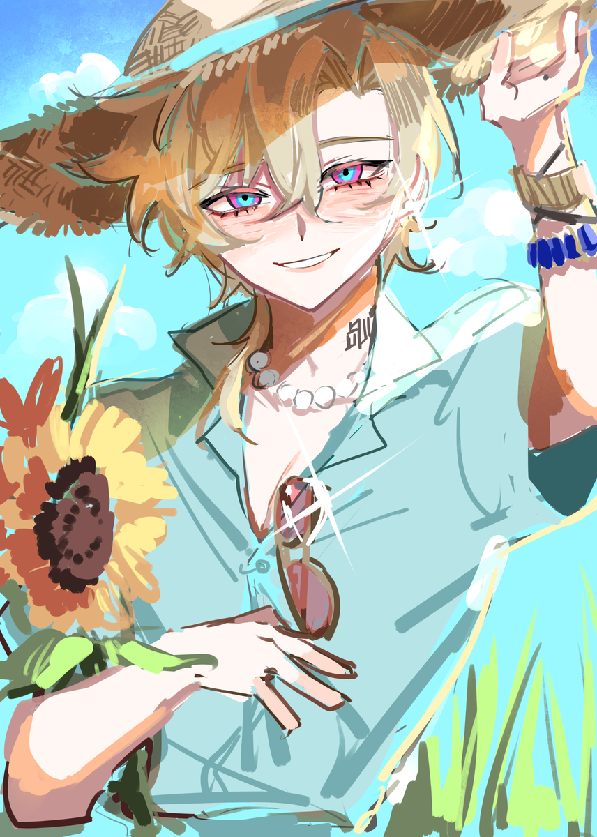 an anime boy with blonde hair wearing a blue shirt, a straw hat and sunglasses is smiling and holding a sunflower in his hand. he is looking towards the viewer with a happy expression.