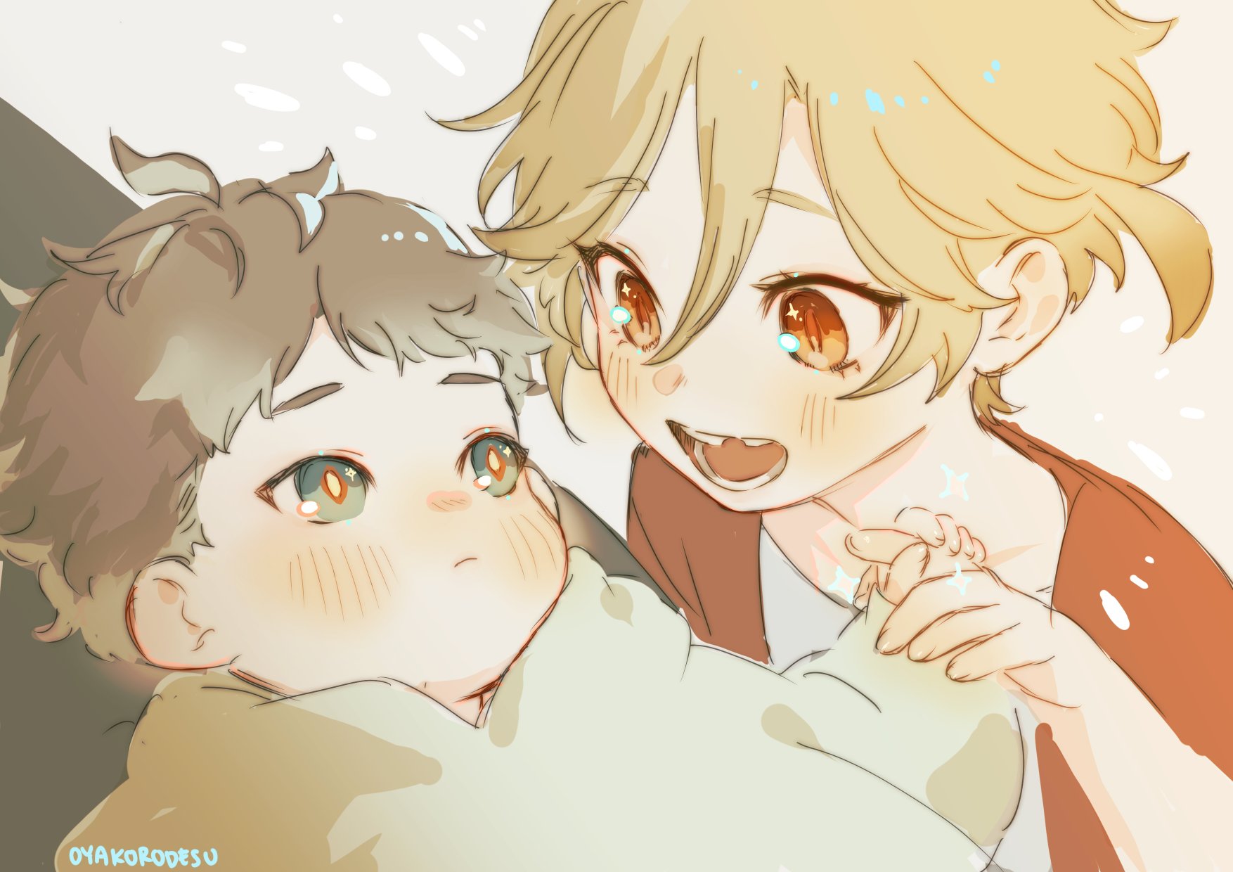 an adorable anime illustration depicts two young boys, one holding the other in his arms. the boy holding the other is smiling brightly and lovingly as he looks at the boy in his arms. the boy in his arms is also smiling and appears to be happy and content. both boys have big, expressive eyes and rosy cheeks. the background of the image is a soft white with sparkles scattered around the boys. the overall tone of the image is sweet and heartwarming, suggesting a close and loving relationship between the two boys.