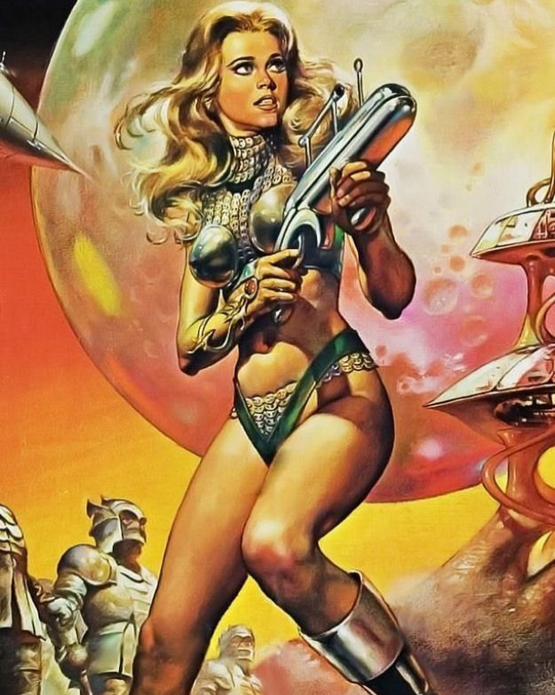 illustration of jane fonda as barbarella, holding a futuristic gun, against a backdrop of a large planet, futuristic buildings, and armored figures. the style evokes pulp magazine covers of the scifi genre.