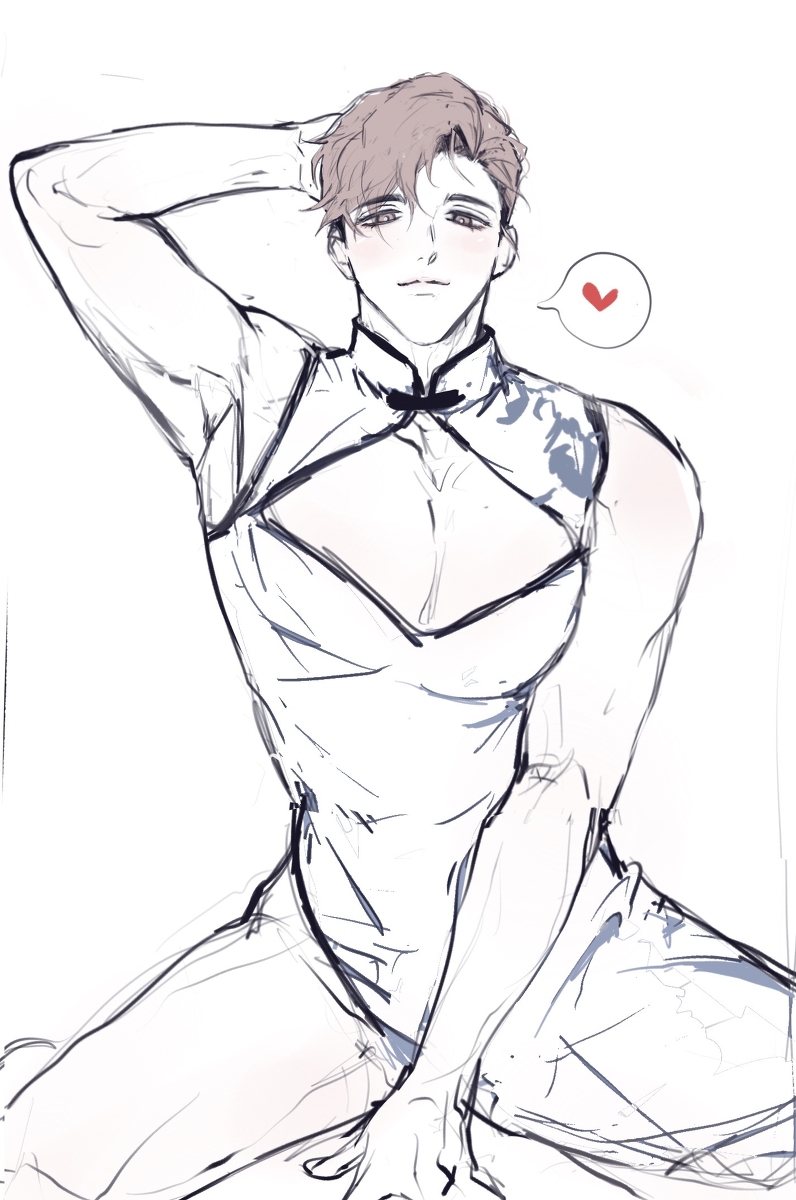 the image is a digital drawing or sketch of a young man, possibly an anime or manga style character. he has short, brown hair, and is wearing a white qipao or cheongsam, a traditional chinese dress. the style of the drawing is loose and expressive, with visible brushstrokes and shading. the man is sitting with one arm raised behind his head, and his expression is soft and romantic.  a small red heart in a speech bubble is near his head, possibly indicating affection or romance. the overall aesthetic is delicate and stylish.